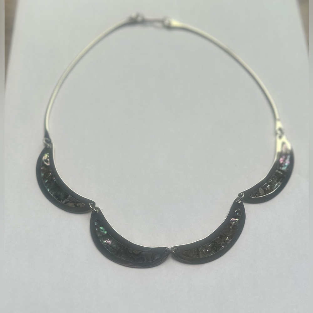 Vintage Abalone Taxco Mexican Alpaca Crescent Moon Necklace (N170)